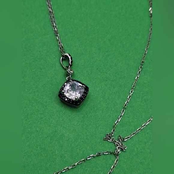 Cushion Cut CZ & Black CZ Halo Pendant and Chain, Sterling Silver 923 - Picture 7 of 10